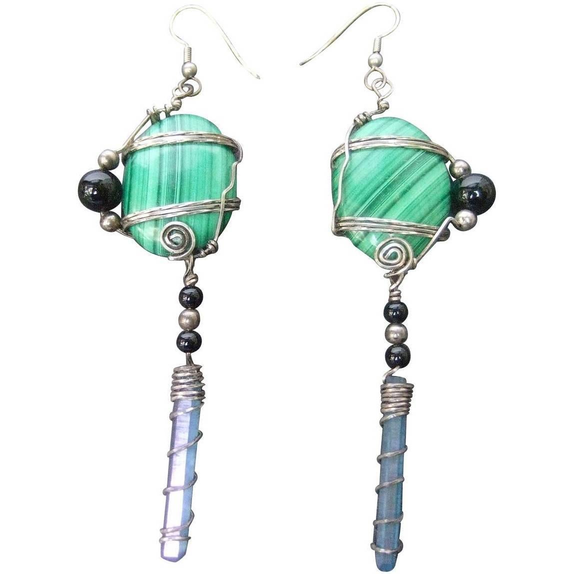 Sterling Malachite Crystal Artisan Earrings c 1990