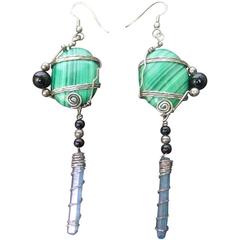 Orecchini artigianali in cristallo di malachite in argento, 1990 ca.