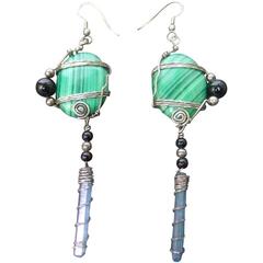 Retro Sterling Malachite Crystal Artisan Earrings c 1990