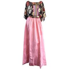 Exquisite Vintage Bohemian Pink Gown w/ Colorful Silk Gold Tulip Overlay