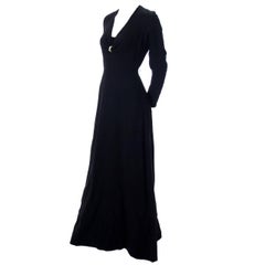 Nina Ricci Boutique Black Wool Crepe 1970s Vintage Maxi Dress With Rhinestones