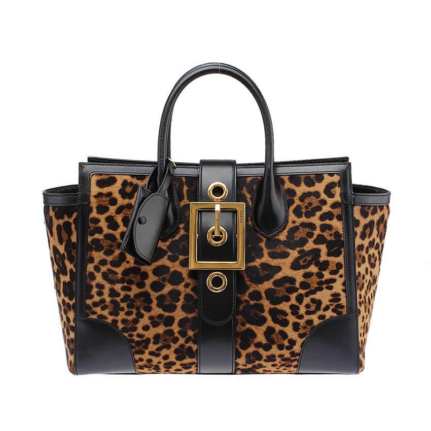 Gucci Lady Buckle Leopard Print Pony Hair and Black Leather Shoulder Tote For Sale