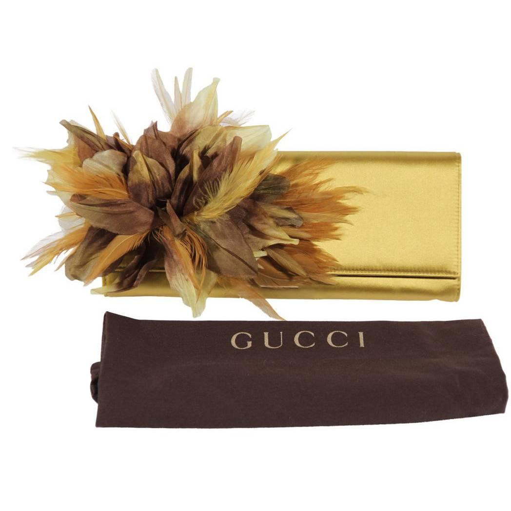 GUCCI Auth Yellow Satin ANGELICA CLUTCH Handbag EVENING BAG Feather Appliqued