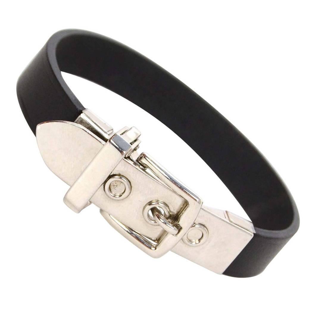 Hermes Black Leather & Palladium Buckle Bracelet sz XS