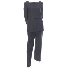 Vintage James Galanos Suit Tunic Top Pants Pantsuit Gray Wool Outfit Minimalist