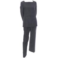 Vintage James Galanos Suit Tunic Top Pants Pantsuit Gray Wool Outfit Minimalist 10