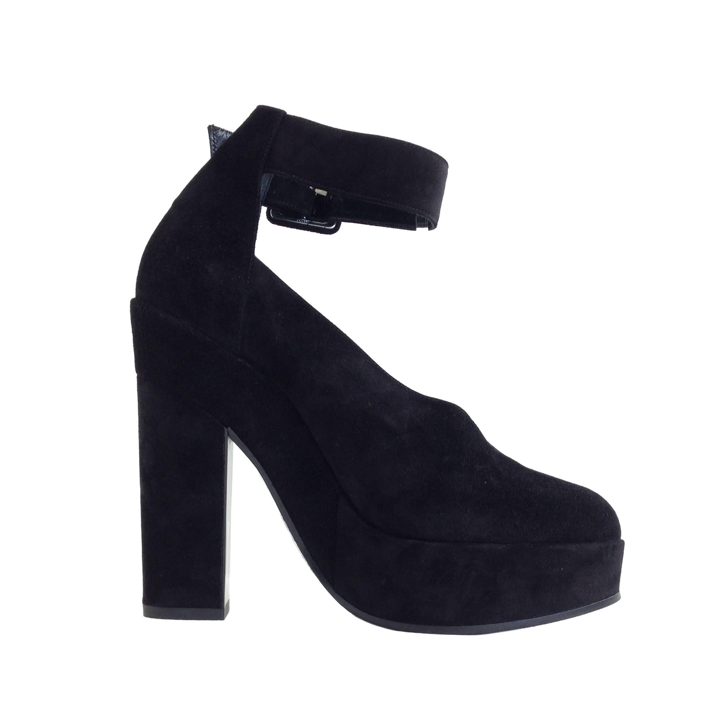 Hermes Black Suede Ankle Strap Platform Pumps