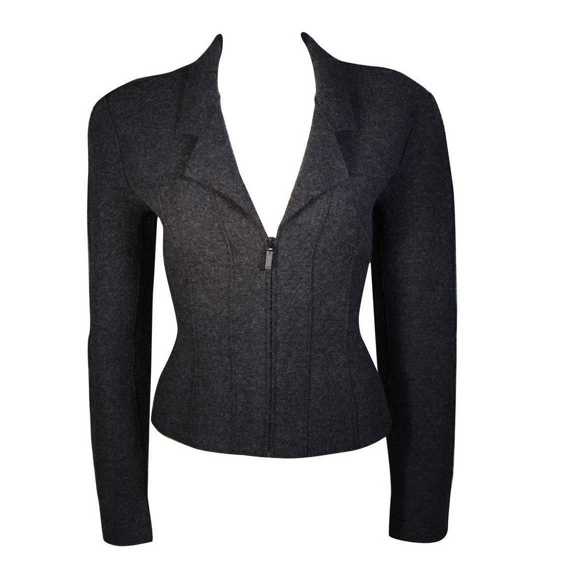 Chanel Grey Boiled Wool Zipper Front Jacket Size 38