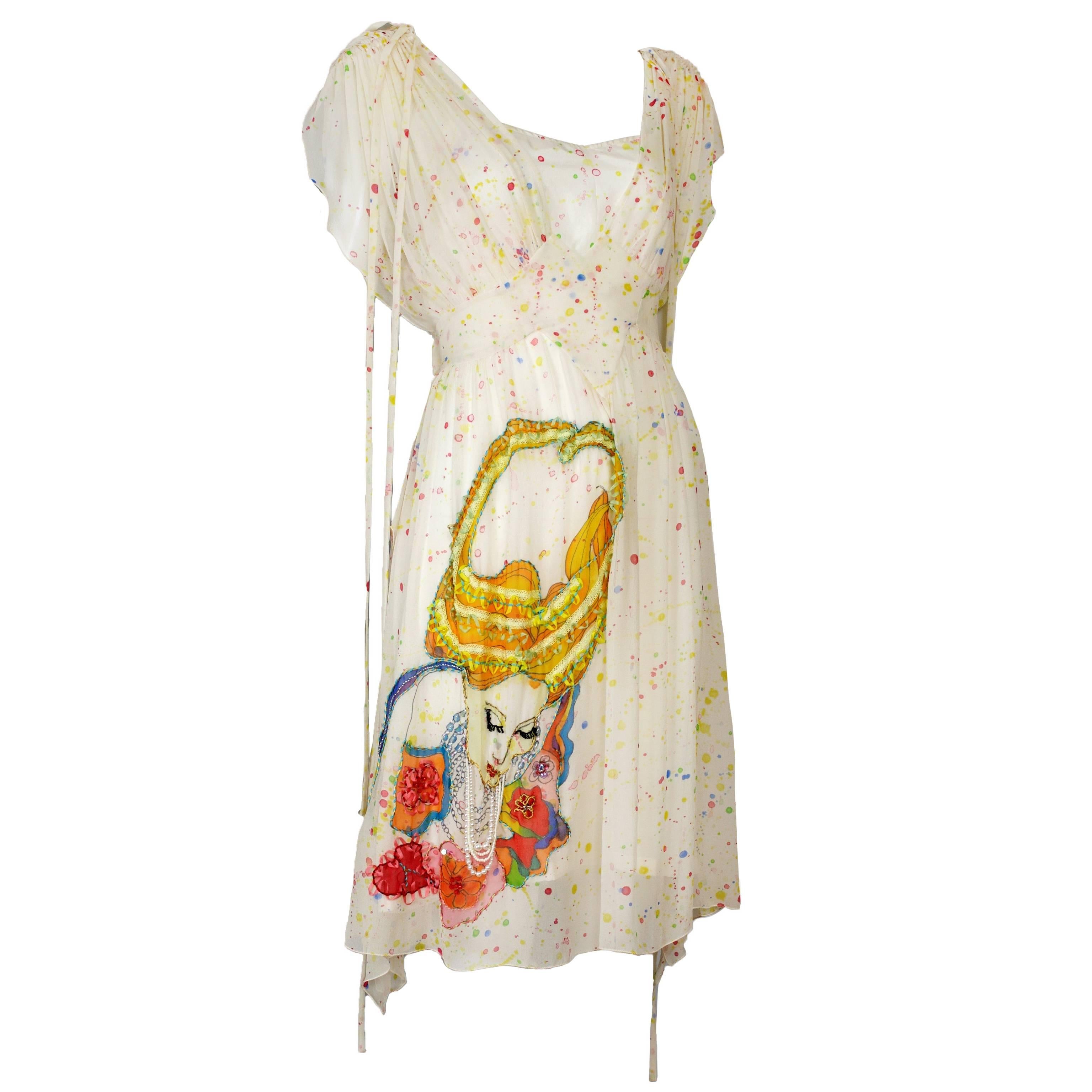 Tsumori Chisato Limited Edition Silk Chiffon Day Dress w/Fantastical Embroidery
