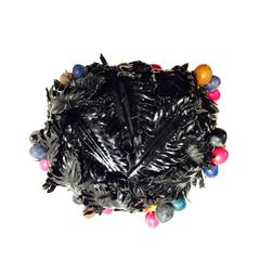 1950s Irina Roublon Black Straw and Lacquered Leaf Hat w/ Fruit 6