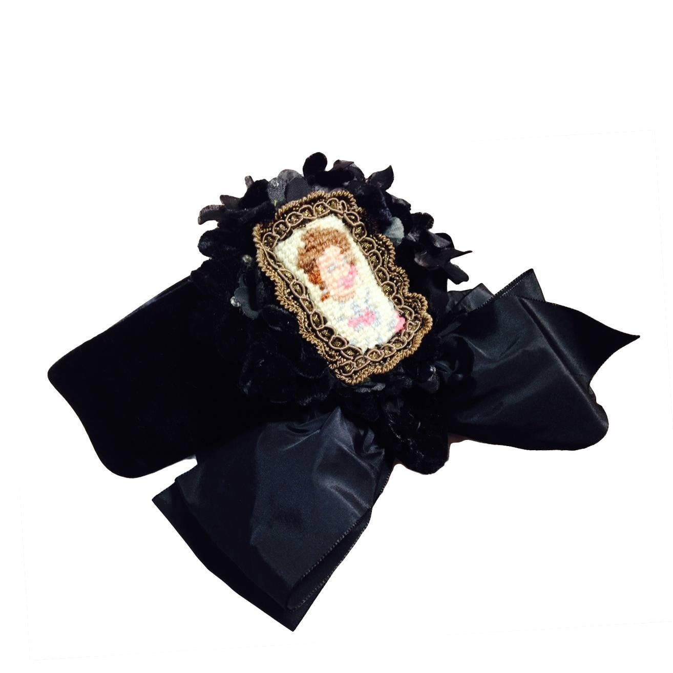 1940s Irina Roublon Black Velvet Hat w/ Face Framing Bow and Needlepoint Cameo