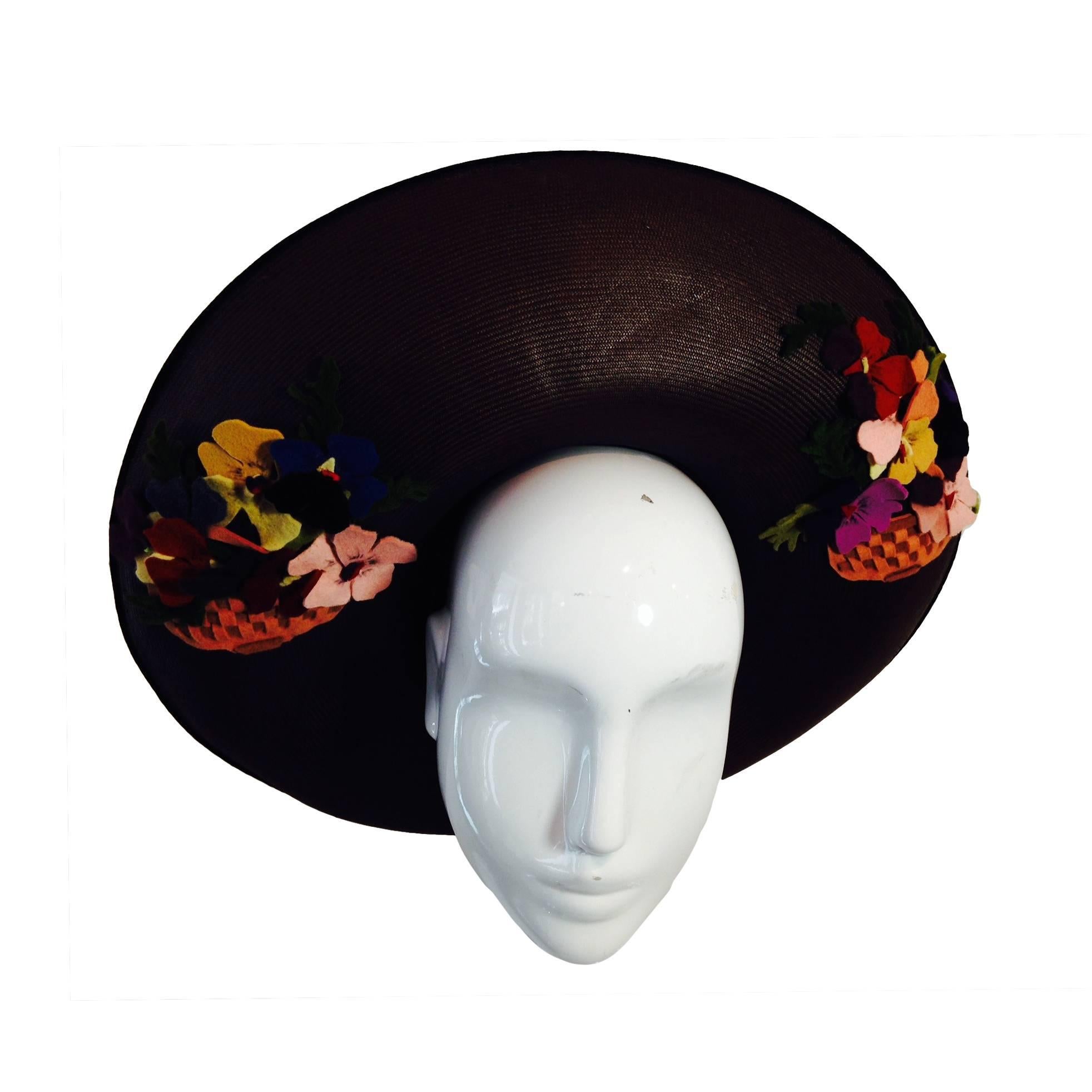 1940s Irina Roublon Fine Brown Straw Large Brim Hat w/ Felt Bouquet Trim For Sale
