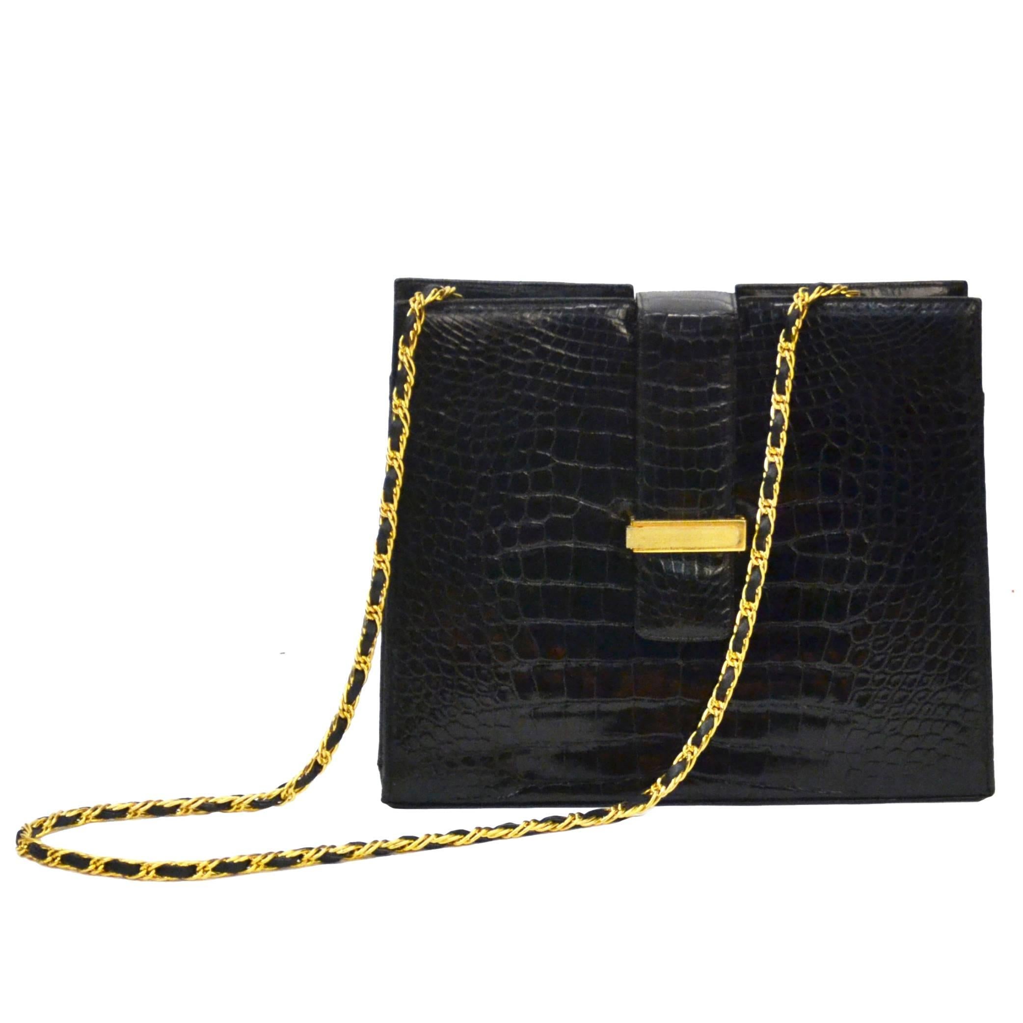 Lucille de Paris Alligator Handbag with Gold Tone Metal Hardware For Sale