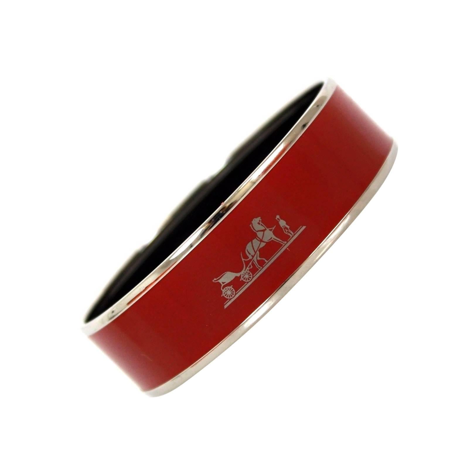Hermes Red Enamel Palladium Plated 2015 Caleche 62 Bracelet For Sale