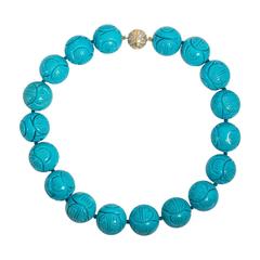 Fabulous Large Faux Chinese Good Luck Turquoise Bead Necklace