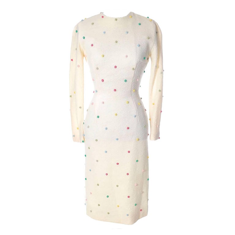 1960s Vintage Anne Fogarty Dress In Winter White Wool With Pom