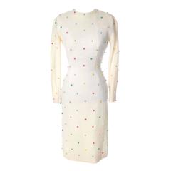 1960s Anne Fogarty Dress Vintage Winter White Wool Bombshell Applique Pearl 3