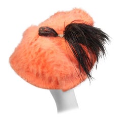 Esther Bright Orange Fur Clam Shape Hat with Black Feather and Rhinestones