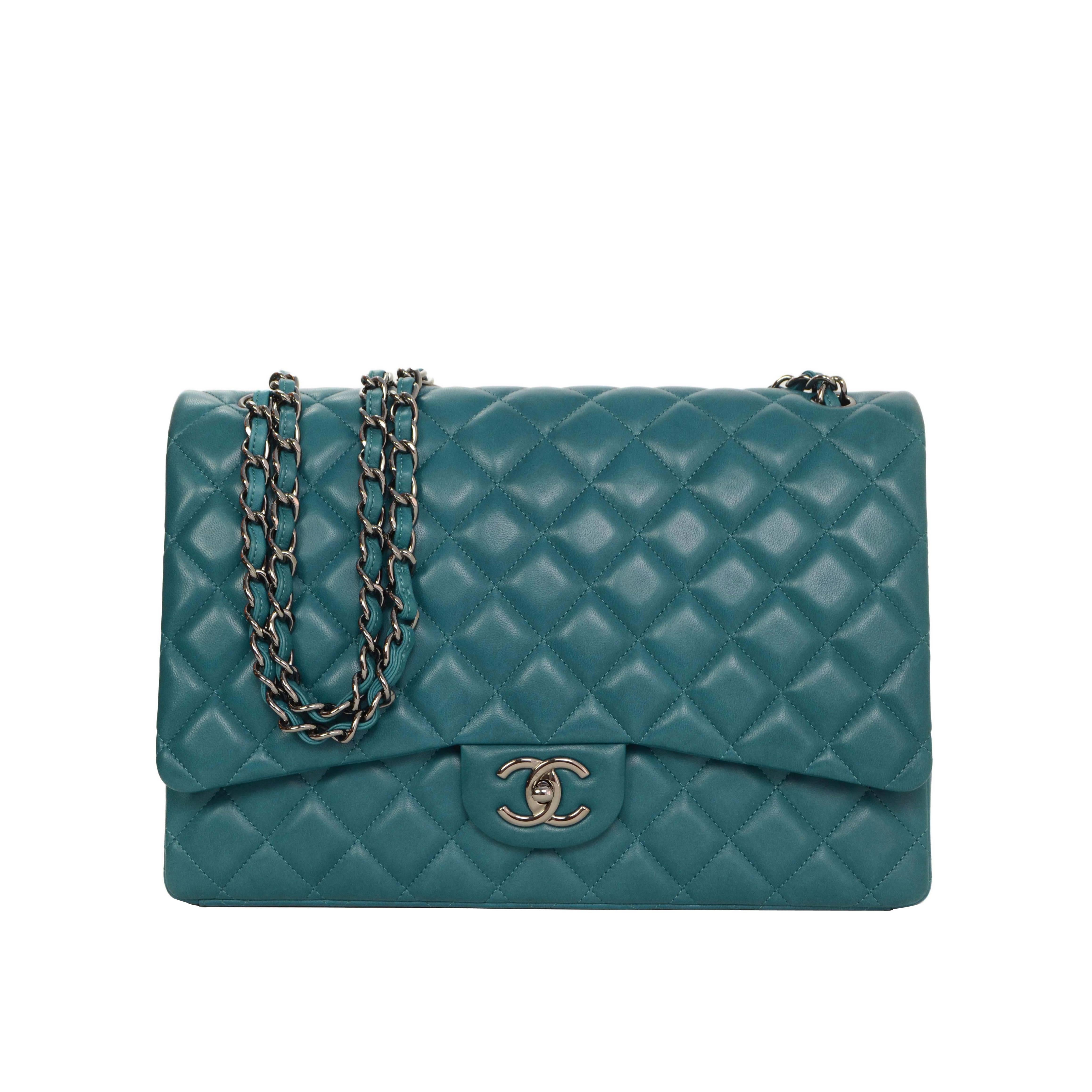 Chanel Teal Quilted Lambskin Classic Maxi Double Flap Bag RHW