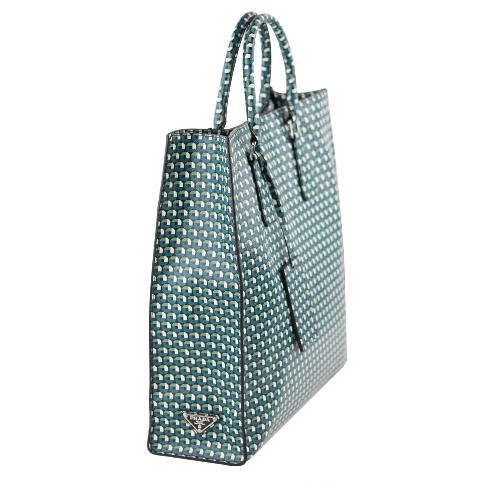 PRADA Green SAFFIANO PRINT Leather SHOPPING BAG Large Tote HANDBAG VA1016