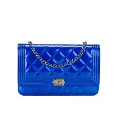 Chanel Blue Metallic Patent Quilted Boy Wallet On Chain (WOC)