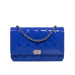 Chanel Blue Quilted Patent Boy Wallet On Chain (WOC)