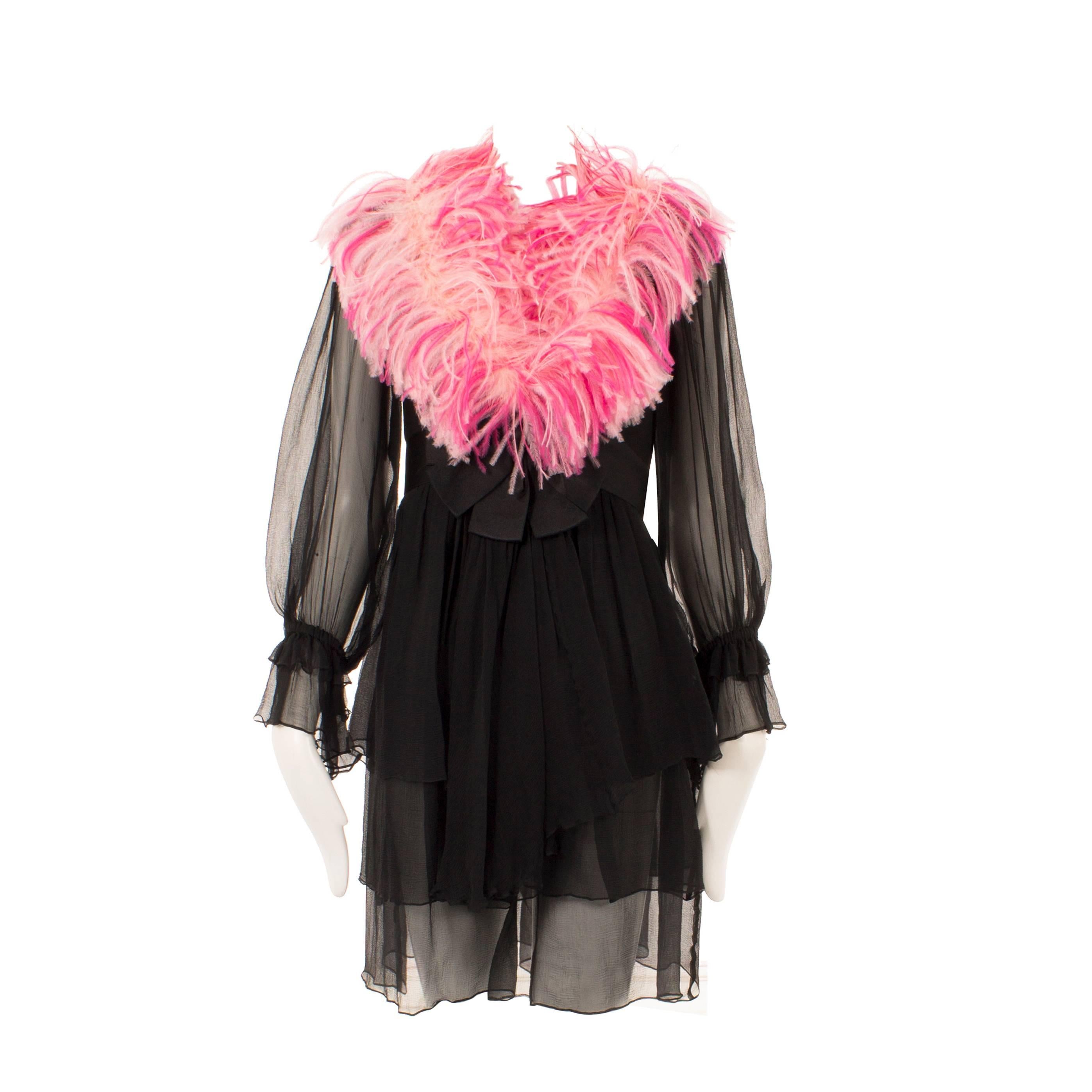 Yves Saint Laurent black chiffon and pink feather dress, circa 1987 For Sale