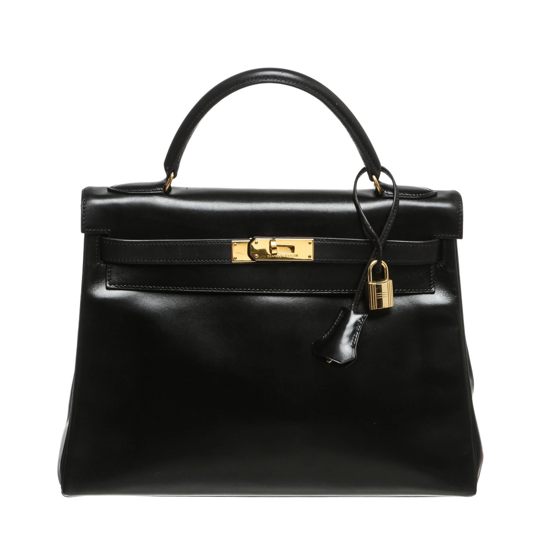 Hermes Noir (Black ) Box Leather 32cm Kelly Handbag GHW For Sale