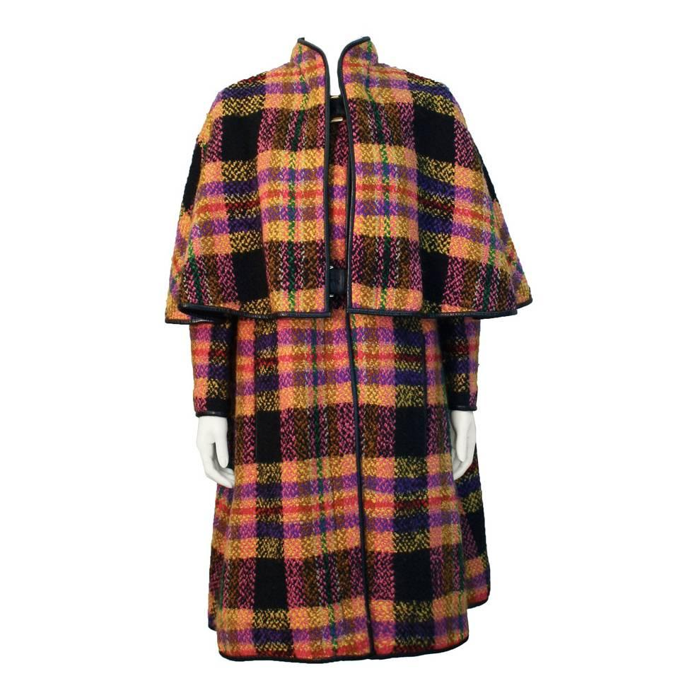 Late 1960s Bonnie Cashin Mutli-Colored Plaid Wool Cape with Leather Trim For Sale