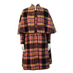 Retro Late 1960s Bonnie Cashin Mutli-Colored Plaid Wool Cape with Leather Trim