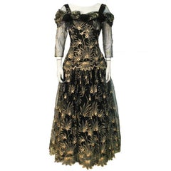1980s Zandra Rhodes Black Gown with Gold Tambour Detailed Stitching