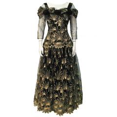 1980s Zandra Rhodes Black Gown with Gold Tambour Detailed Stitching 8