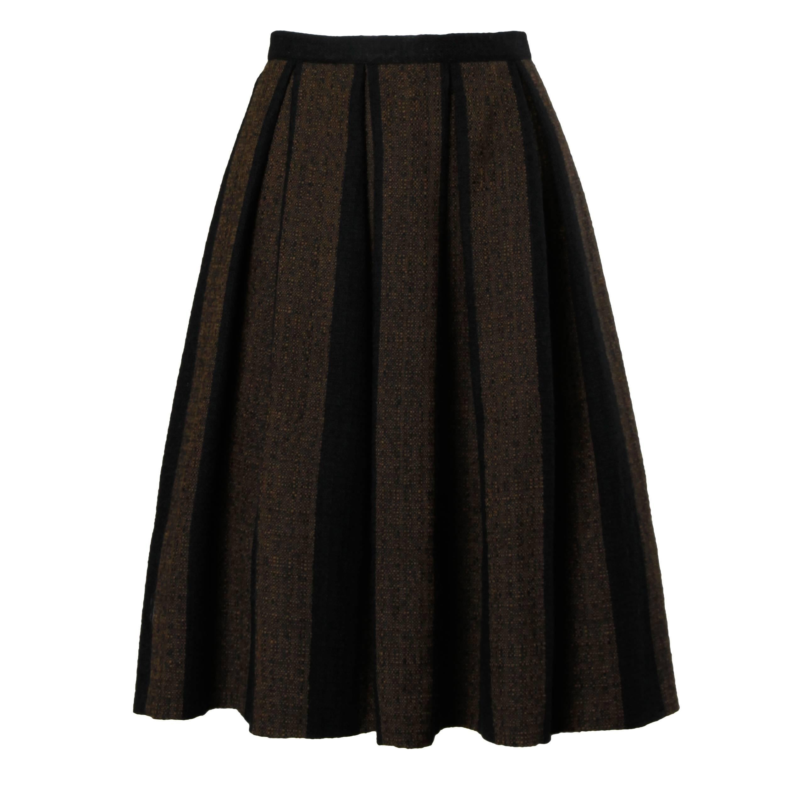 1960s Vintage Brown + Black Soft Woven Wool Skirt with Box Pleats For Sale