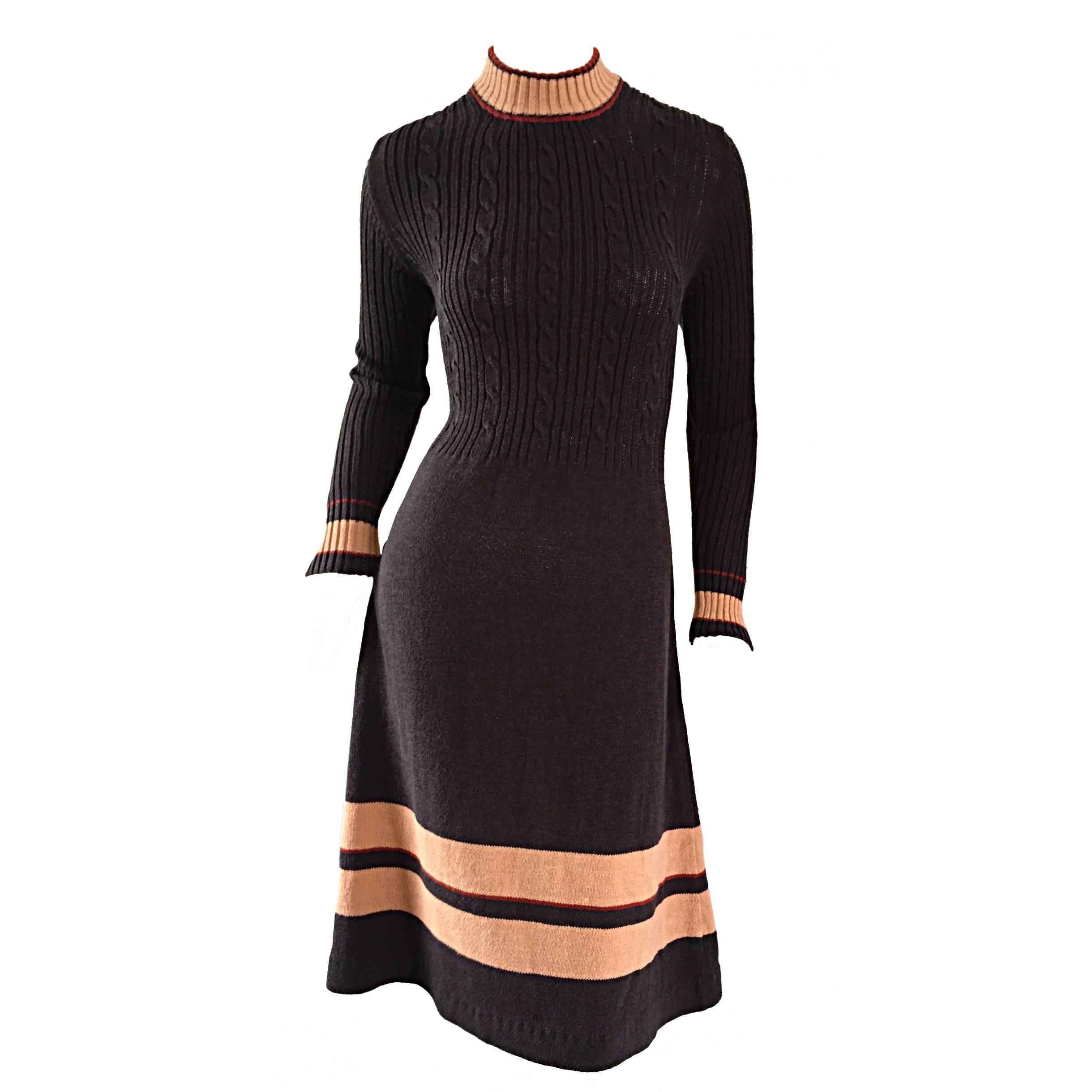 Chic 1960s 60s Judy Wayne Chocolate Brown Mod Vintage Sweater Dress For Sale