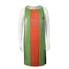 1960's Jean Louis Green, Orange, Blue and Silver Color Block Beaded Shift Dress