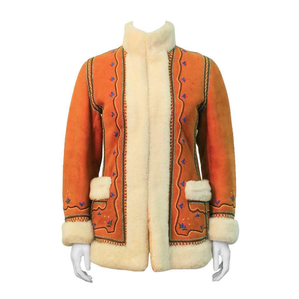 1970's Tan Shearling Embroidered Coat For Sale