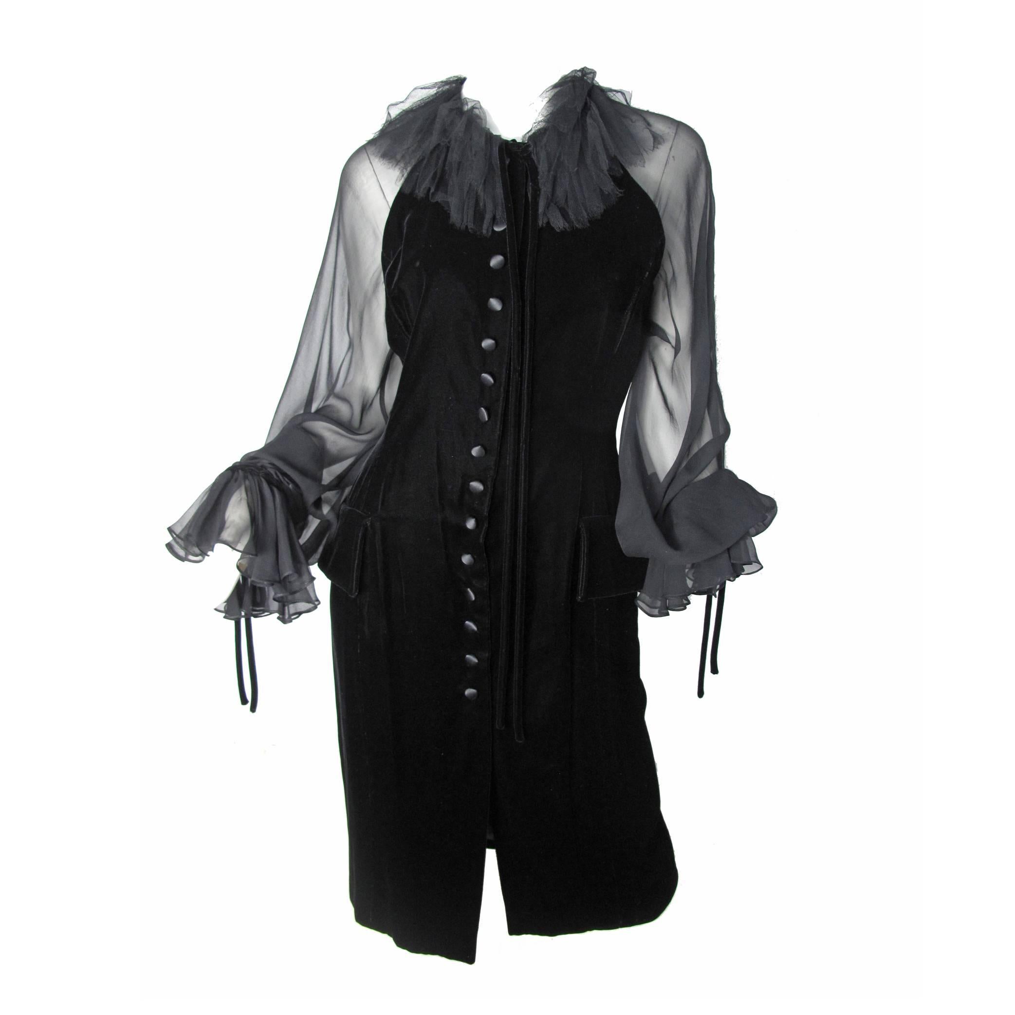 Oscar de la Renta black velvet dress with chiffon sleeves and collar at ...