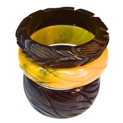 Bakelite Butter Yellow, Burgundy and Chocolate Bangles
