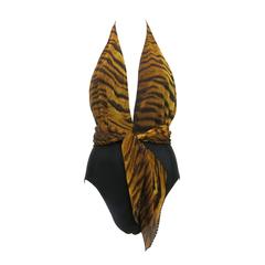 1980s Bill Blass Tiger Print Halter Bathing Suit