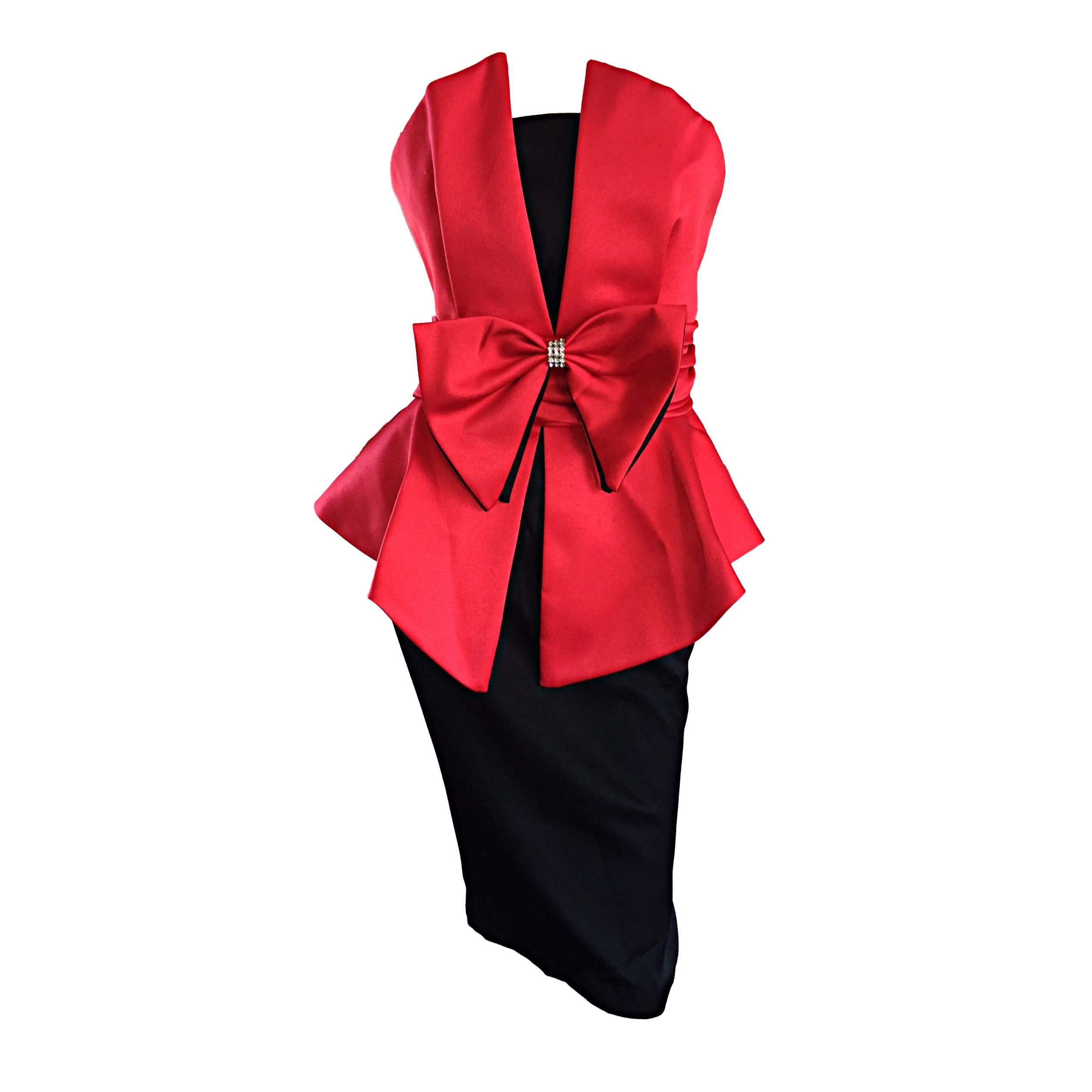 1980s 80s Red + Black Avant Garde ' She - Devil ' Vintage Bow Rhinestone Dress