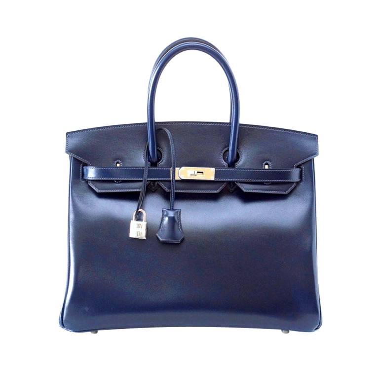 Hermes Birkin 35 Bag Blue Marine Coveted Rare Box Leather Palladium