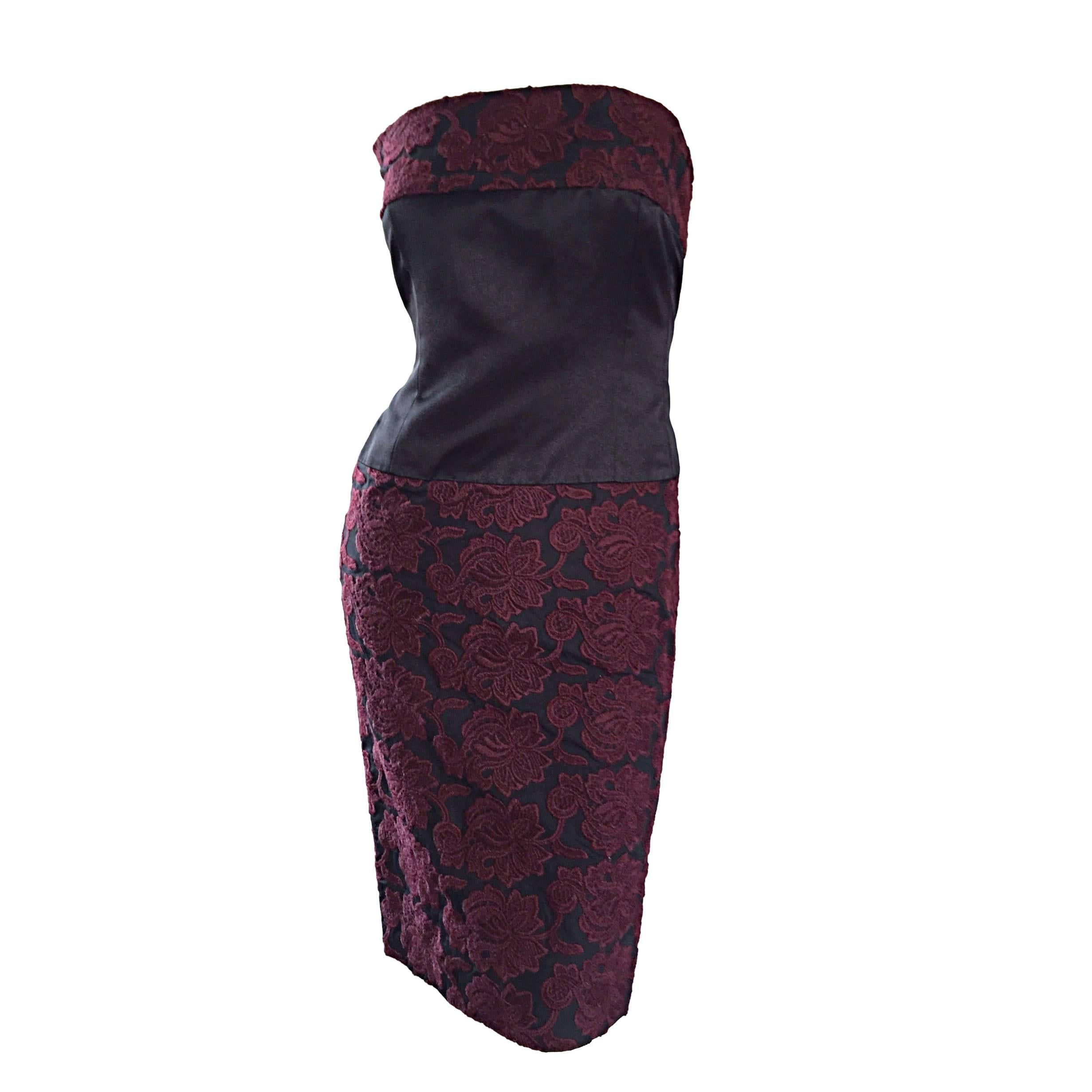 Vintage Paola Quadretti Couture 90s Black Burgundy Embroidered Strapless Dress For Sale