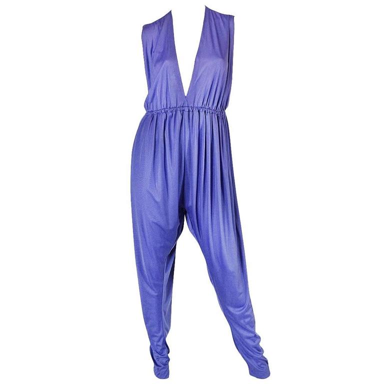 Iconic 1970s Halston Jersey Side & Front Plunging Black Jersey Jumpsuit