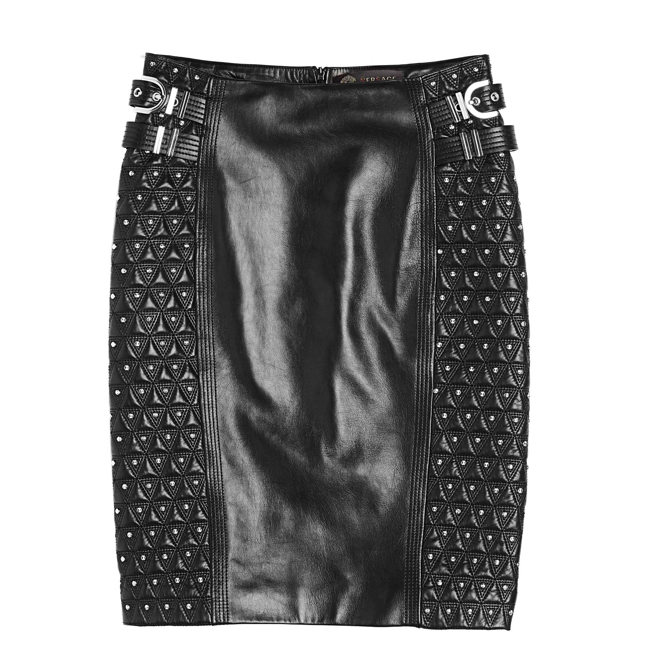 New VERSACE Studded Black Leather Moto Pencil Skirt For Sale