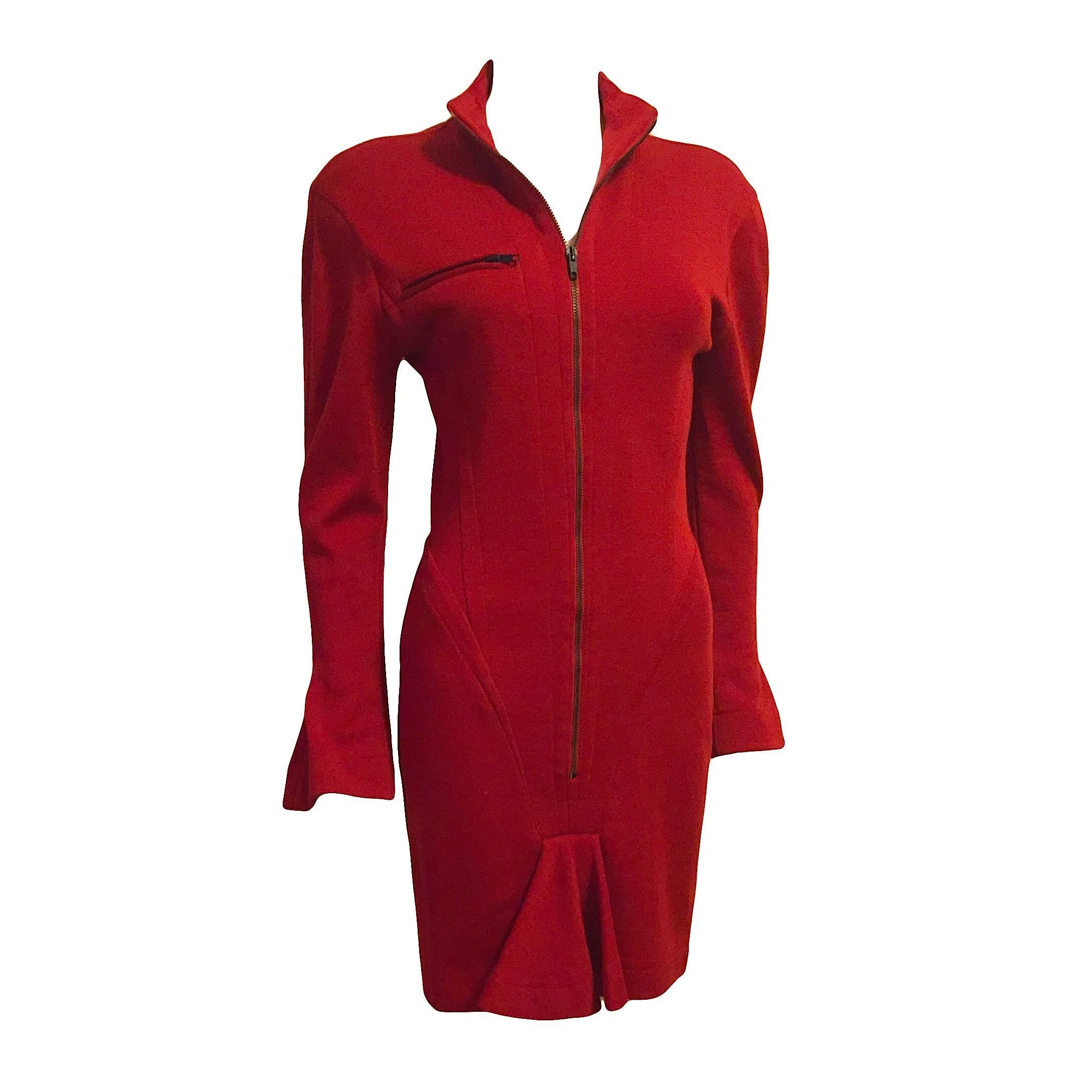 Claude Montana Red Wool Dress, 1980s For Sale