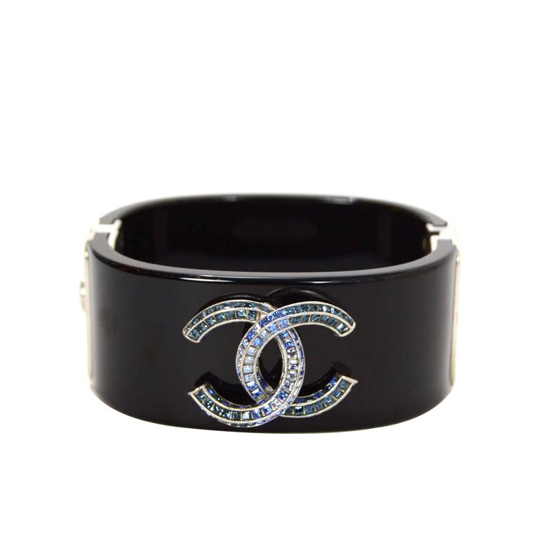 Chanel ‘15 Black Resin and Blue Crystal CC Cuff Bracelet at 1stDibs ...