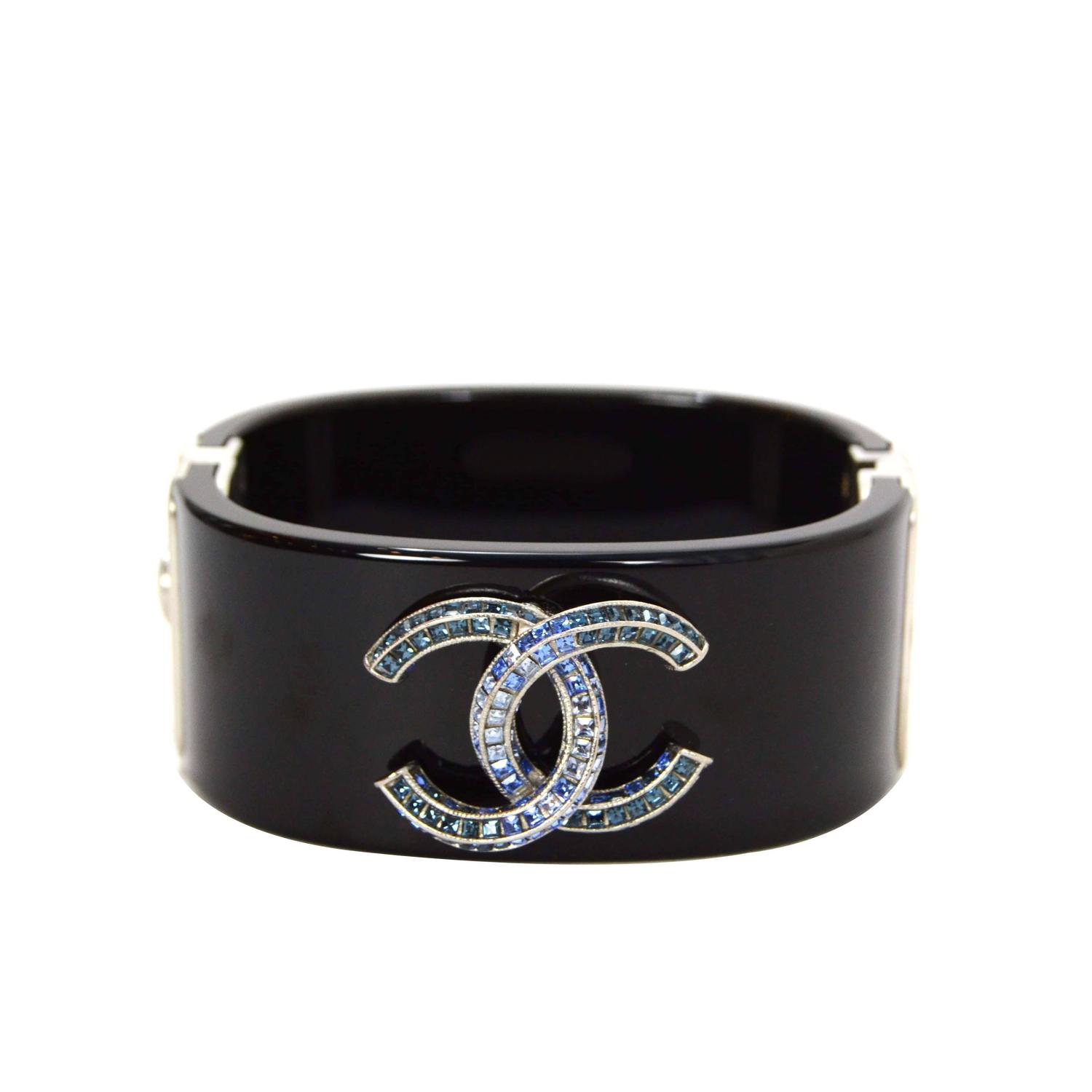 Chanel ‘15 Black Resin and Blue Crystal CC Cuff Bracelet at 1stdibs