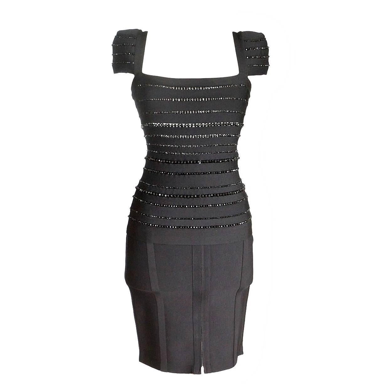 Herve Leger Skirt Set Black Bandage Beaded Top Striking  M mint For Sale