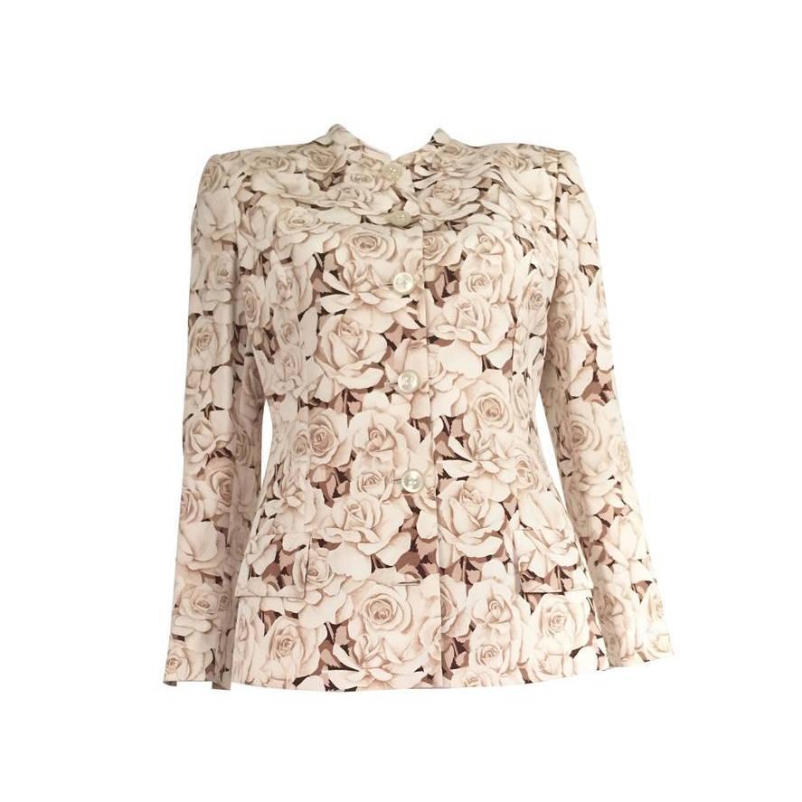 Valentino Silk Rose Pattern Collarless Jacket Size 6, 1990s  For Sale