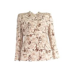 Vintage Valentino Silk Rose Pattern Collarless Jacket Size 6, 1990s 